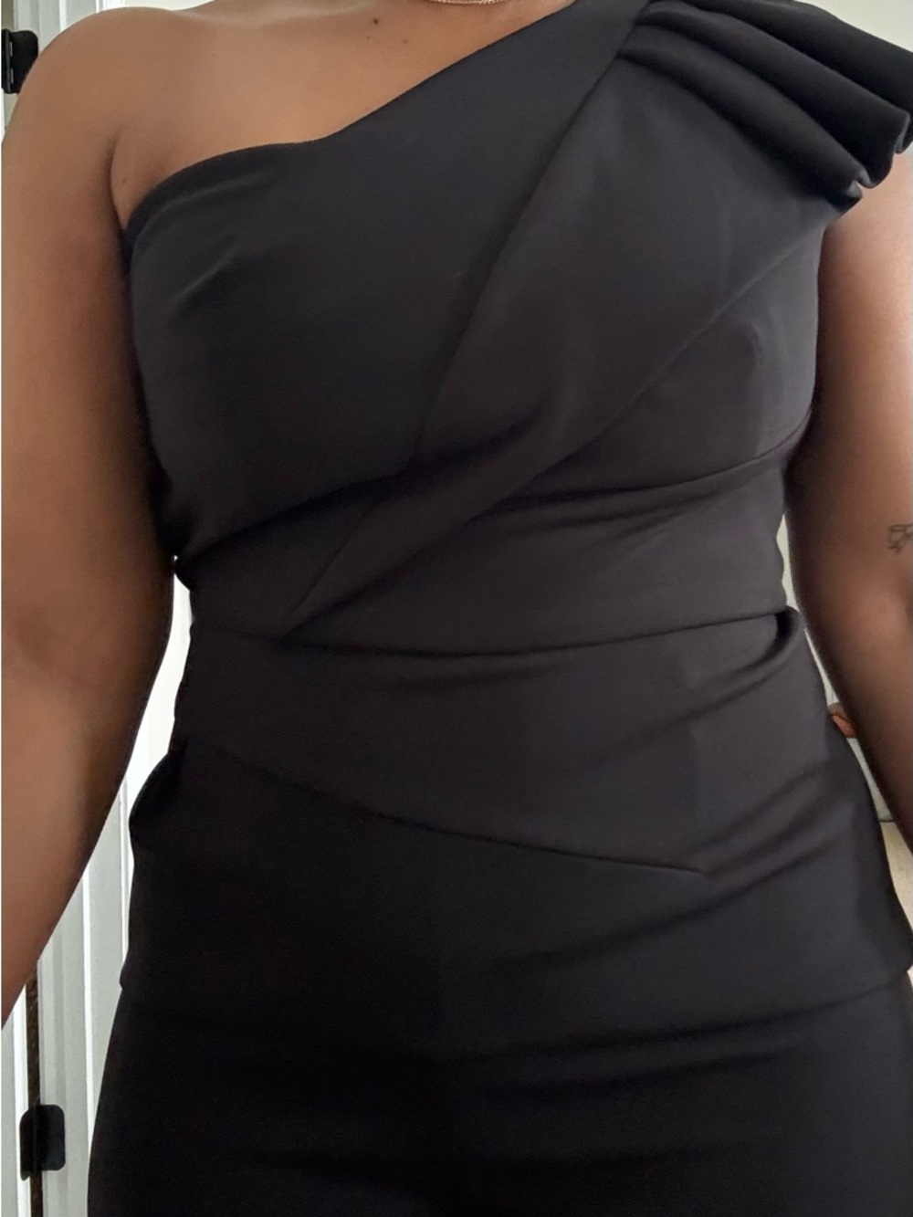 Black Halo One-Shoulder Black Jumpsuit with Asymmetrical Draping